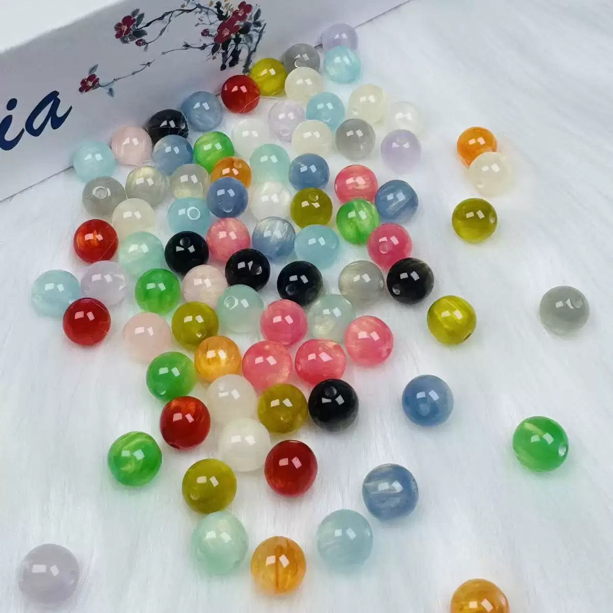 8mm Colorful Gold‑Foiled Resin Beads, Imitation Cat's Eye Round Straight Hole Loose Beads, Handmade DIY Spacer Beads for Bracelet Necklace Accessories
